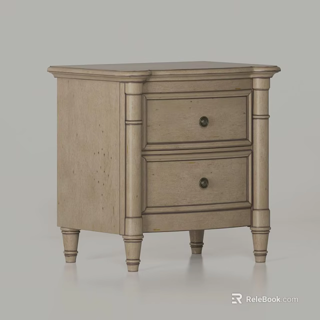 Classic Light Wood Nightstand With Two Drawers And Decorative Legs Design 3d model 