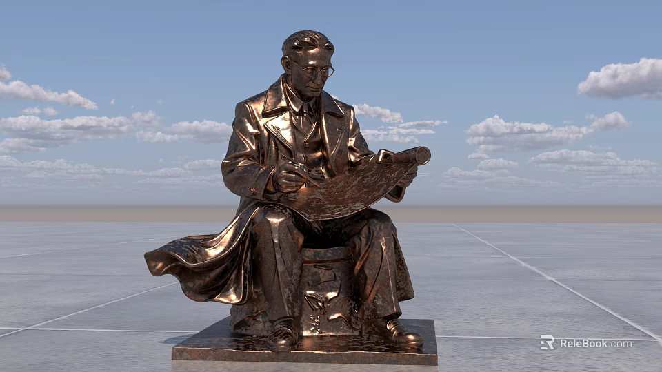 Bronze Landscape Sculpture of Seated Figure Reading Map in Open Sky Setting 3d model 