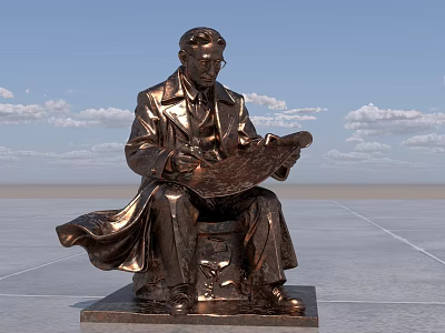 Bronze Landscape Sculpture of Seated Figure Reading Map in Open Sky Setting 3d model