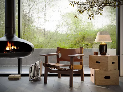 Lounge Chair Single Chair Fireplace Wooden Table Lamp 3d model