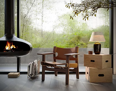 Comfortable Leisure Chair In Cozy Interior With Fireplace Table Lamp And Green Plants Outside Window 3d model