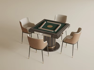 Stylish Entertainment Table with Green Felt Square Top Golden Center and Four Beige Brown Woven Chairs 3d model