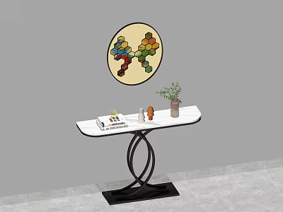 Modern Console Table With White Countertop Black Metal Base And Circular Decorative Painting 3d model