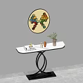 Modern Console Table With White Countertop Black Metal Base And Circular Decorative Painting