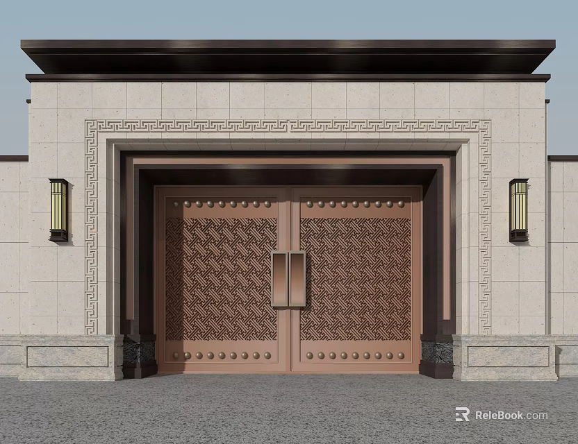 Traditional Chinese Classical Gate With Brass Patterned Doors Rivets And Stone Wall Lanterns 3d model