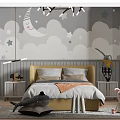 Kids Room Interior Design With Moon Stars Clouds Wallpaper Chandelier Bed And Stuffed Toys