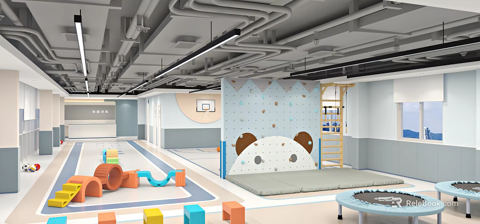 Indoor Kids Fitness Space With Climbing Wall Colorful Blocks Trampoline And Basketball Hoop 3d model 