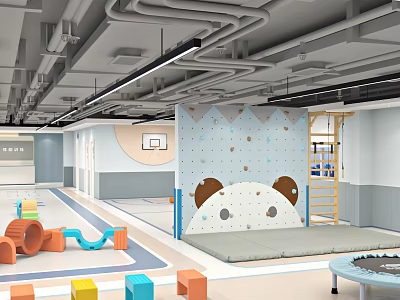 Indoor Kids Fitness Space With Climbing Wall Colorful Blocks Trampoline And Basketball Hoop 3d model