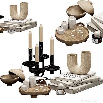 Minimalist Decorative Ornament Set With Candles Cups Tray Bowls Vase And Books 3d model