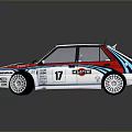 White Rally Car With Red Blue Stripes Sponsor Logos And Racing Wheels
