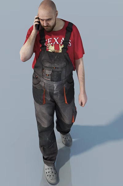Man In Red Shirt Wearing Black Overalls With Orange Accents Walking 3d model