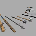 Different Types Of Handmade Weapons Collection Including Axes Knives And Spiked Clubs
