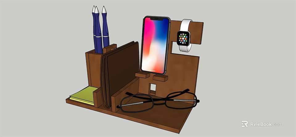 Wooden Phone Stand With Smartphone Smartwatch Pens Eyeglasses And Notebook 3d model 