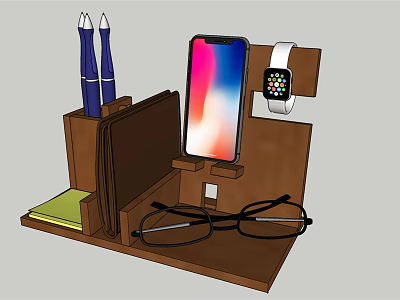 Wooden Phone Stand With Smartphone Smartwatch Pens Eyeglasses And Notebook 3d model