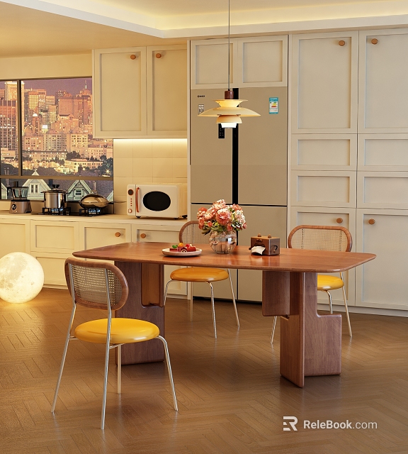 Restaurant Interior With Wooden Dining Table Yellow Chairs Hanging Lamp Flower Bouquet And City View 3d model 