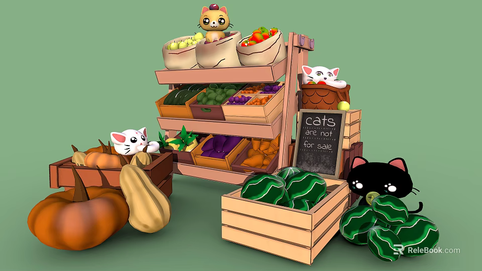 Cute Cats Around Colorful Vegetable Fruit Market Stall With Wooden Shelves Crates And Chalkboard 3d model 