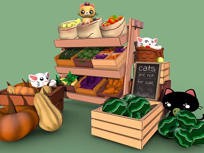 Cute Cats Around Colorful Vegetable Fruit Market Stall With Wooden Shelves Crates And Chalkboard 3d model