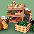 Cute Cats Around Colorful Vegetable Fruit Market Stall With Wooden Shelves Crates And Chalkboard