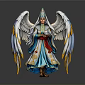 Winged Female Figure In Blue And Gold Robe With Decorative Headdress And Holding Object