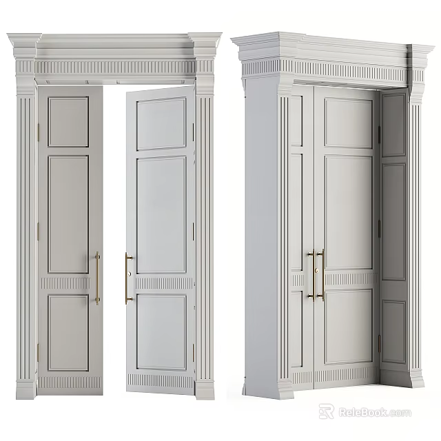 Elegant White Double Doors with Brass Handles and Decorative Trim for Home Interior 3d model 