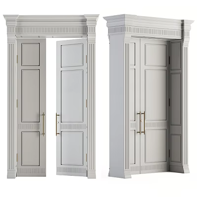 Elegant White Double Doors with Brass Handles and Decorative Trim for Home Interior 3d model