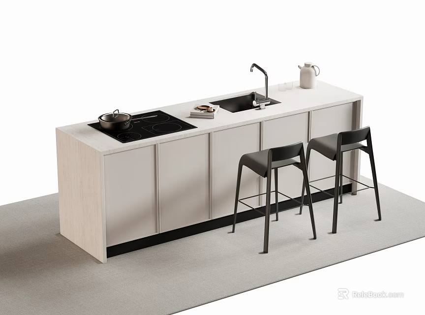 Modern Bar Counter Interior Design With White Surface Black Stools And Faucet 3d model 