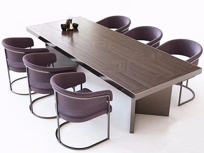 Modern Rectangular Dark Wooden Dining Table Set With Six Purple Metal Leg Chairs 3d model