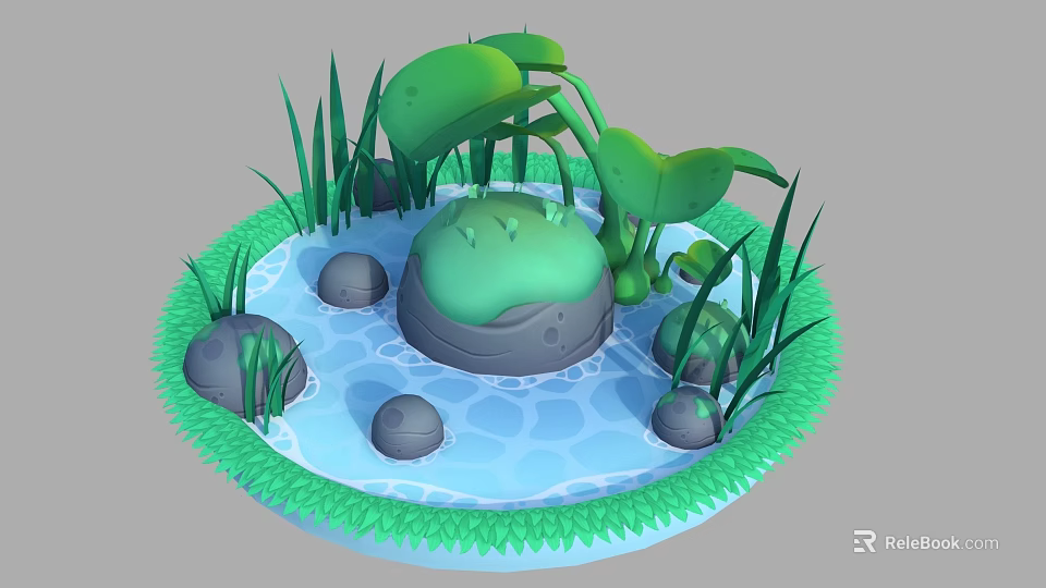 Cartoon Frog Pond Scene With Lily Pads Green Grass And Stones 3d model 