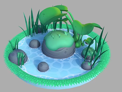 Cartoon Frog Pond Scene With Lily Pads Green Grass And Stones 3d model