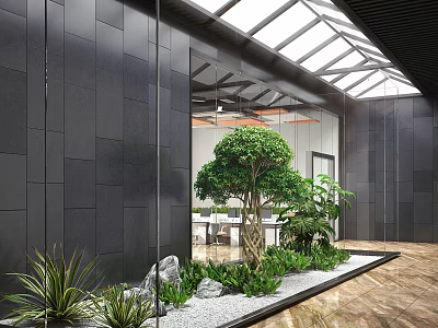 Indoor Garden Feature With Tree Plants Stones Gravel Glass Walls And Skylights 3d model