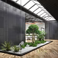 Indoor Garden Feature With Tree Plants Stones Gravel Glass Walls And Skylights