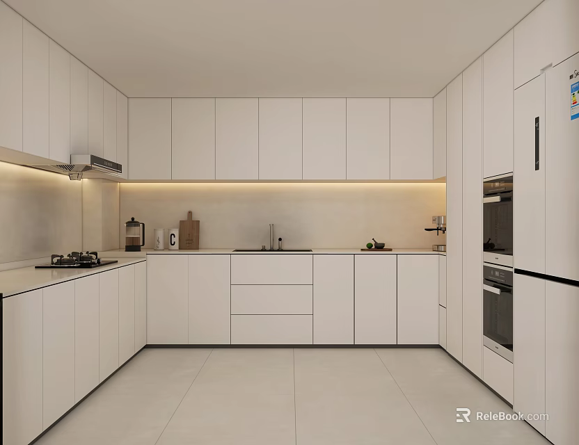 Modern White Kitchen Interior Design With White Cabinets And Kitchen Appliances 3d model
