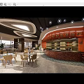 Modern Café Interior Design With Curved Brick Counter Wooden Tables Chairs And Ceiling Lights
