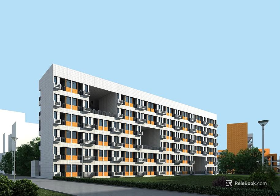 Modern School Building Exterior With White Orange Facade Multiple Floors And Balconies In Campus 3d model 
