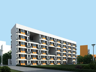 Modern School Building Exterior With White Orange Facade Multiple Floors And Balconies In Campus 3d model
