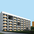 Modern School Building Exterior With White Orange Facade Multiple Floors And Balconies In Campus