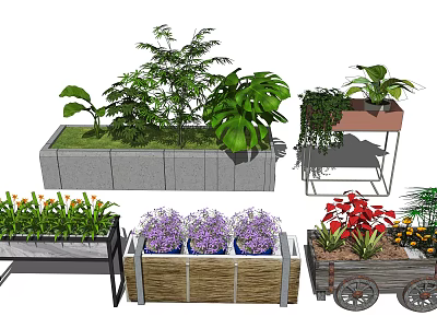 Flower Planters and Pots Wooden Metal Frame Wheeled Designs with Green Plants and Colorful Flowers 3d model