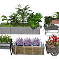 Flower Planters and Pots Wooden Metal Frame Wheeled Designs with Green Plants and Colorful Flowers