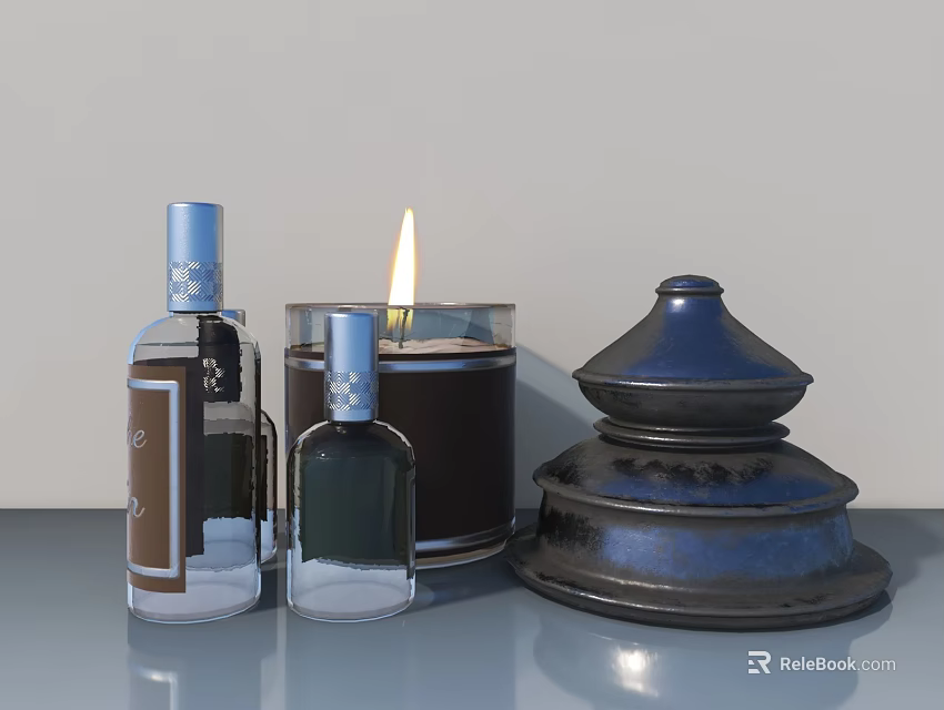 Stylish Tabletop Display With Perfume Bottles Lit Candle And Metal Container 3d model 