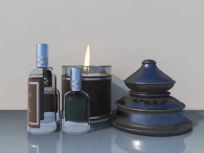 Stylish Tabletop Display With Perfume Bottles Lit Candle And Metal Container 3d model