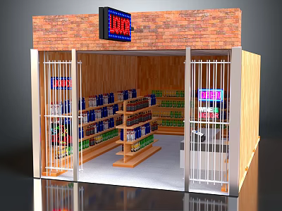 Liquor Store With Brick Facade Neon Sign Metal Gates And Shelves Of Bottles 3d model