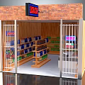 Liquor Store With Brick Facade Neon Sign Metal Gates And Shelves Of Bottles