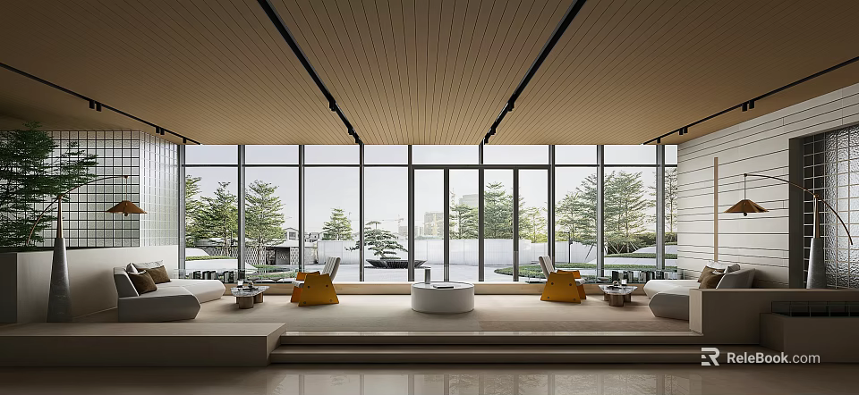 Modern Front Desk Reception Area With Large Windows Comfortable Seating And Greenery 3d model