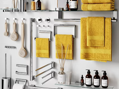 Modern Bathroom Accessories with Yellow Towels Towel Racks and Glass Shelves for Home Use 3d model