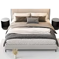Modern Double Bed Interior With Gray Beige Linens Multiple Pillows And Black Nightstands 3d model
