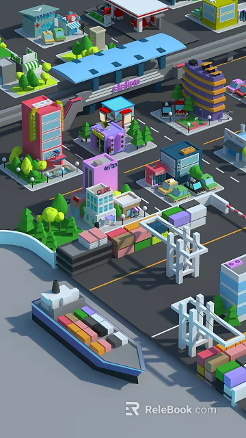 Cartoon City Scene With Colorful Buildings Green Trees Roads And Vehicles 3d model 