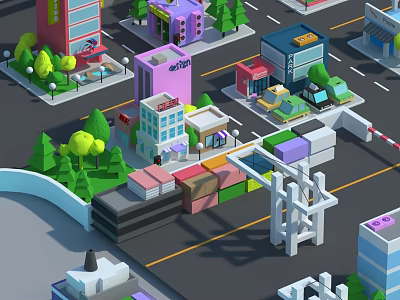 Cartoon City Scene With Colorful Buildings Green Trees Roads And Vehicles 3d model