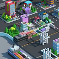 Cartoon City Scene With Colorful Buildings Green Trees Roads And Vehicles