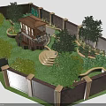 Traditional Wooden Roof Pavilion In Walled Garden With Lawn Steps And Trees