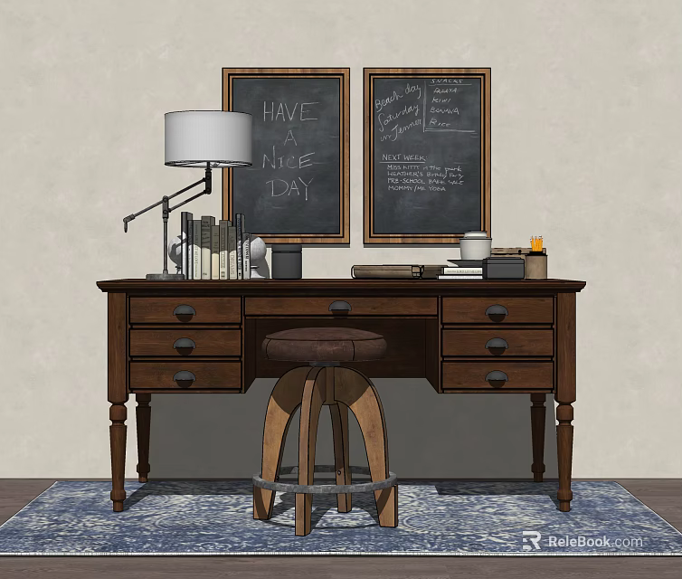 Rustic Wooden Desk with Table Lamp Books Chalkboards Brown Stool and Blue Patterned Rug 3d model 
